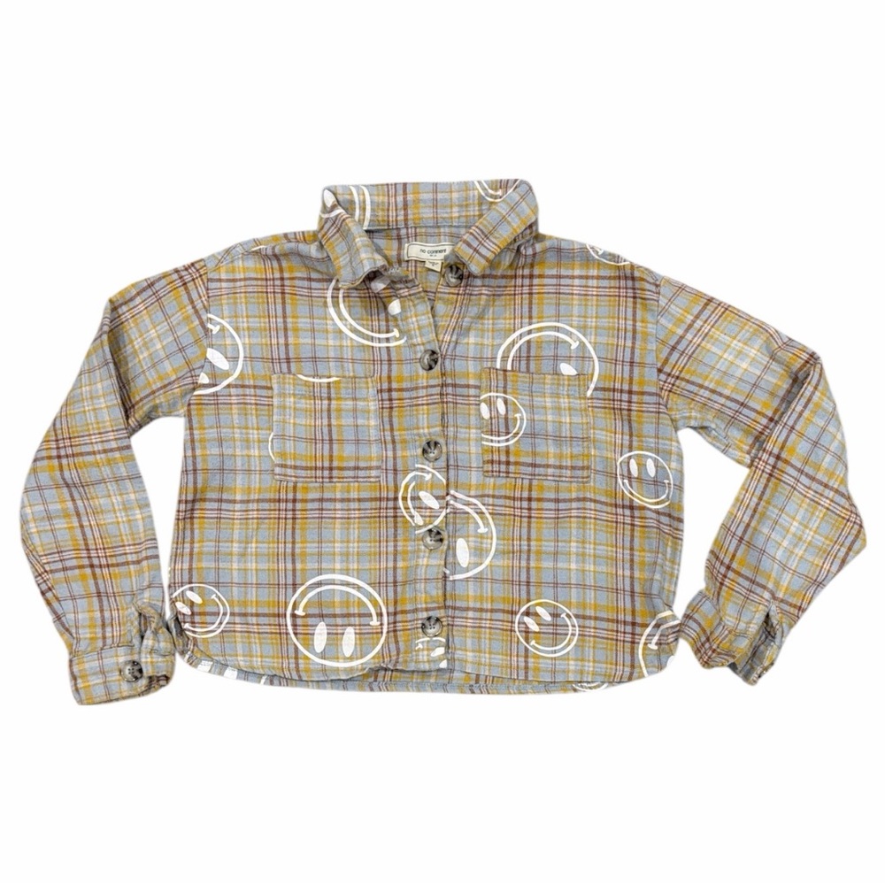 No Comment Plaid Flannel Smiley Face Cropped Button Down‎ Shirt - Size S